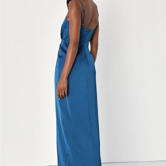 Destiny Awaits Navy Blue Satin Faux-Wrap Maxi Dress - Picture 2 of 4